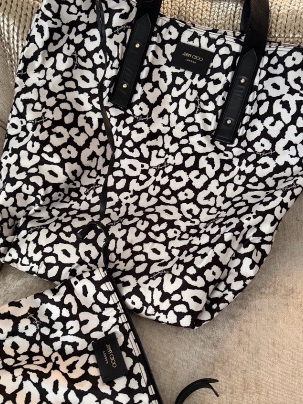 Jimmy Choo Black and White Leopard-Print Tote with Pouch